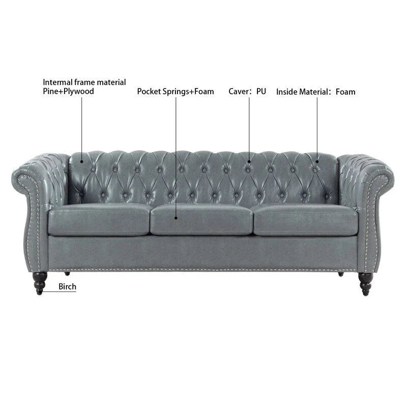 GEITIN 84.65 Canapé Chesterfield 3 places avec accoudoirs arrondis en PU