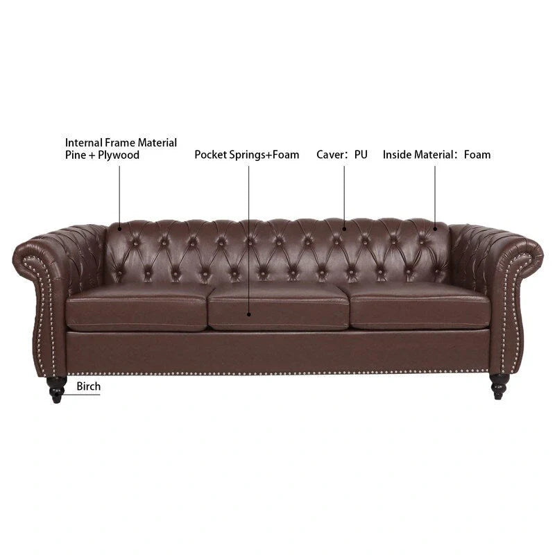 GEITIN 84.65 Canapé Chesterfield 3 places avec accoudoirs arrondis en PU