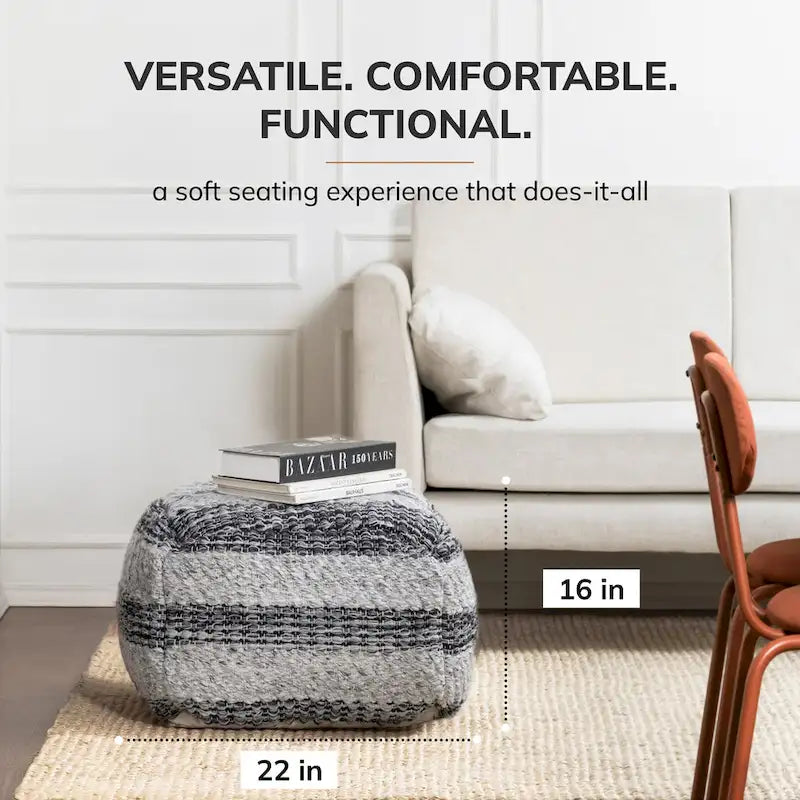 Pouf ottoman carré rayé gris tissé à la main Jani de 61 cm – Repose-pieds élégant pour salon, chambre à coucher
