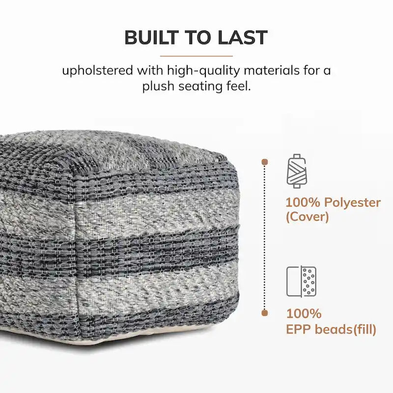 Pouf ottoman carré rayé gris tissé à la main Jani de 61 cm – Repose-pieds élégant pour salon, chambre à coucher