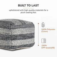 Pouf ottoman carré rayé gris tissé à la main Jani de 61 cm – Repose-pieds élégant pour salon, chambre à coucher