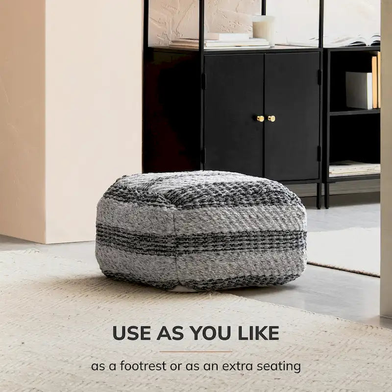 Pouf ottoman carré rayé gris tissé à la main Jani de 61 cm – Repose-pieds élégant pour salon, chambre à coucher