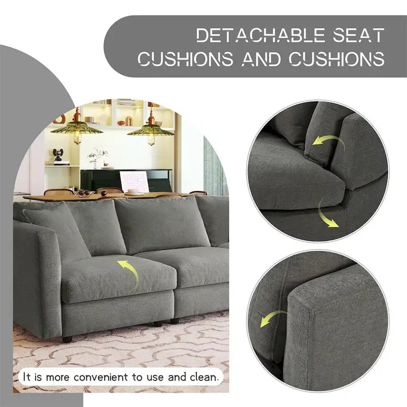 Trois canapés combinés d'intérieur rembourrés avec 3 coussins et assise courbée