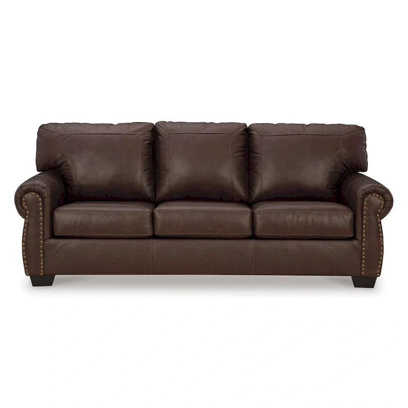 Canapé de 92 pouces, garniture cloutée, assise rembourrée, revêtement en cuir marron