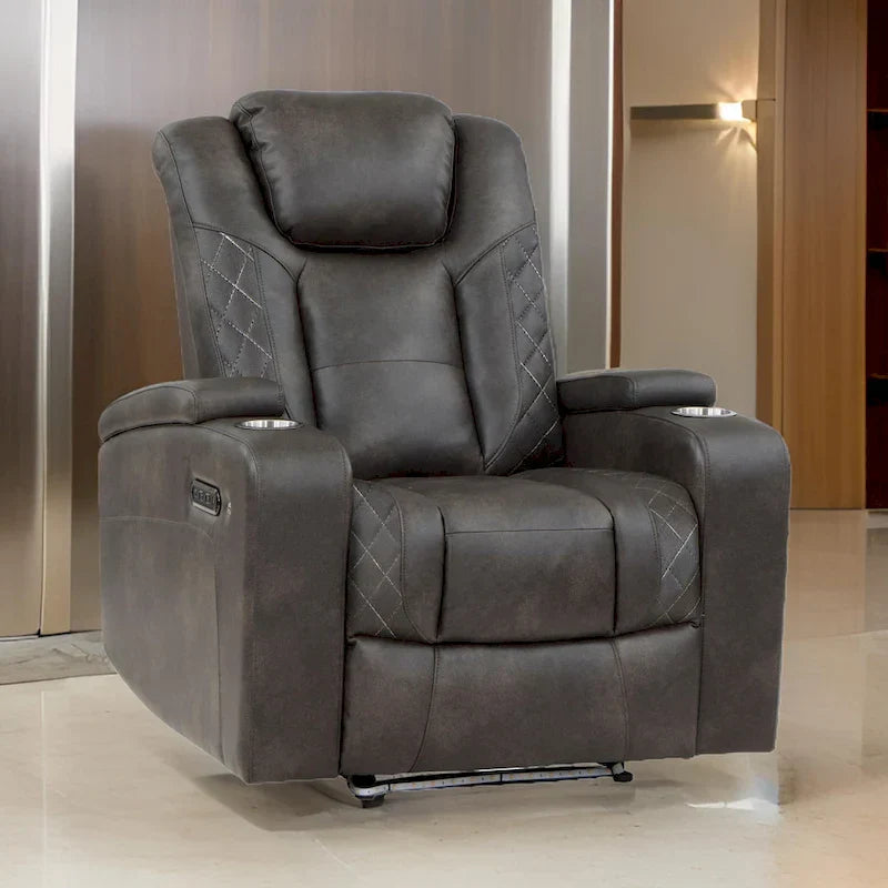 Fauteuil Inclinable Électrique Mia 40 pouces, Similicuir Gris, LED, USB, Porte-Gobelets