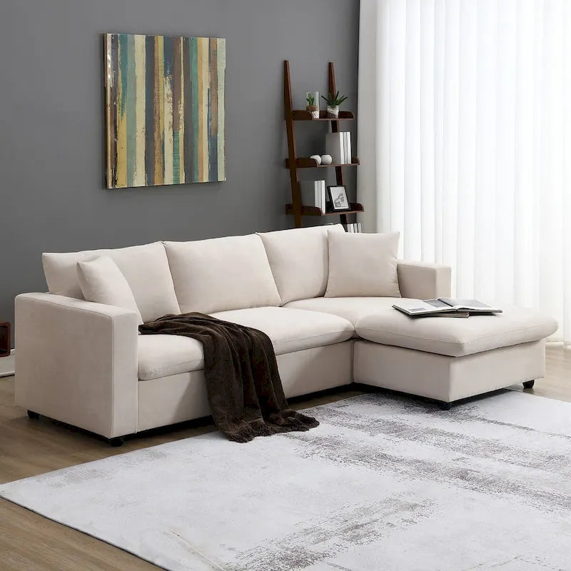 Canapé Sectionnel Moderne Forme L, 2 Coussins Gratuits, Ensemble Canapé 4 places en Tissu Polyester, Pouf, Beige