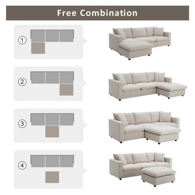 Canapé Sectionnel Moderne Forme L, 2 Coussins Gratuits, Ensemble Canapé 4 places en Tissu Polyester, Pouf, Beige