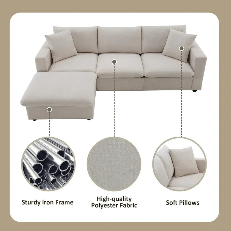 Canapé Sectionnel Moderne Forme L, 2 Coussins Gratuits, Ensemble Canapé 4 places en Tissu Polyester, Pouf, Beige