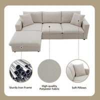 Canapé Sectionnel Moderne Forme L, 2 Coussins Gratuits, Ensemble Canapé 4 places en Tissu Polyester, Pouf, Beige
