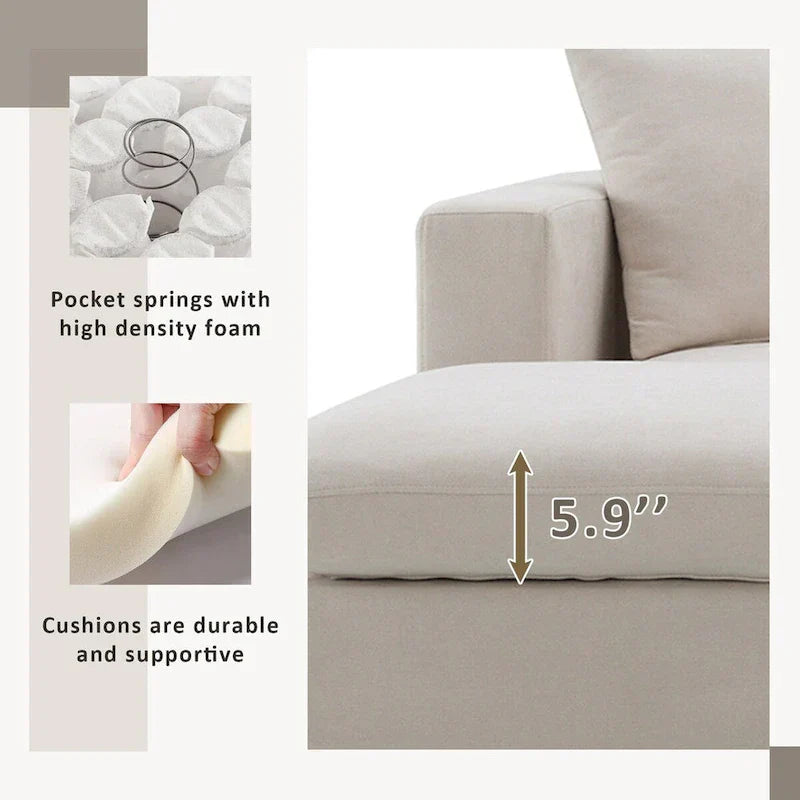 Canapé Sectionnel Moderne Forme L, 2 Coussins Gratuits, Ensemble Canapé 4 places en Tissu Polyester, Pouf, Beige
