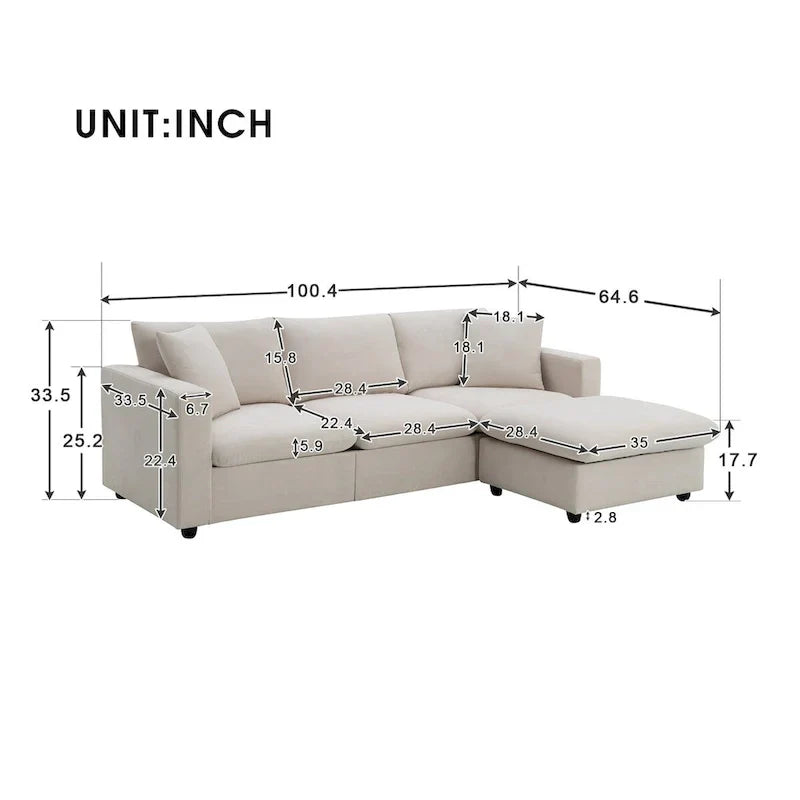 Canapé Sectionnel Moderne Forme L, 2 Coussins Gratuits, Ensemble Canapé 4 places en Tissu Polyester, Pouf, Beige