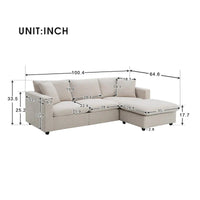 Canapé Sectionnel Moderne Forme L, 2 Coussins Gratuits, Ensemble Canapé 4 places en Tissu Polyester, Pouf, Beige