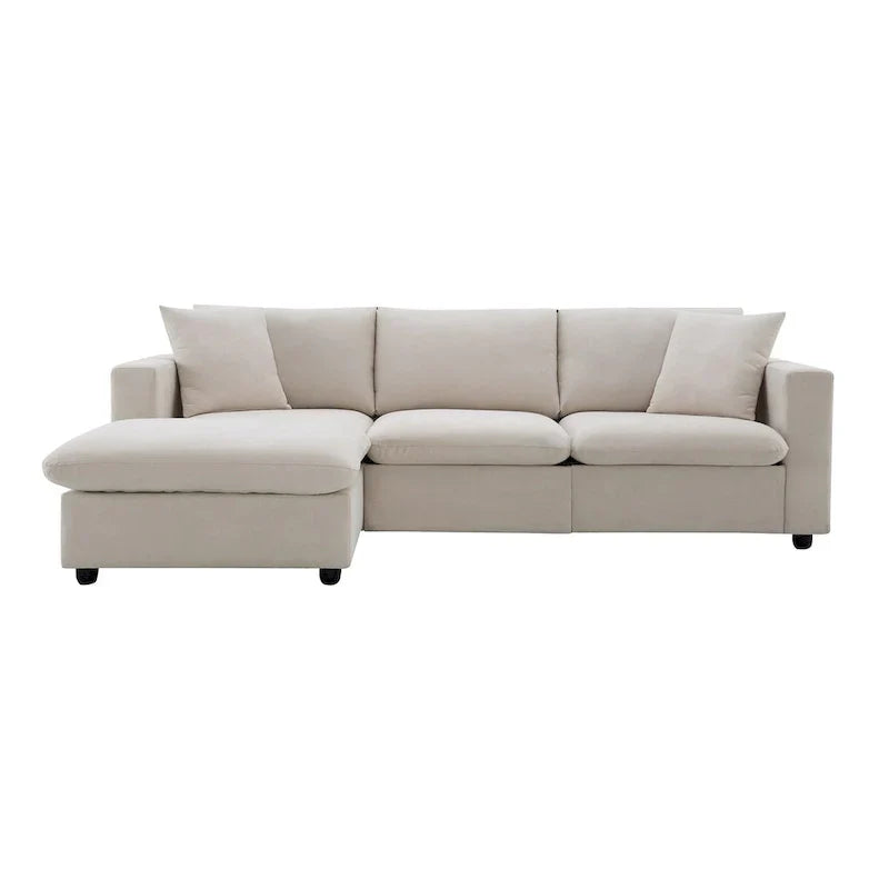 Canapé Sectionnel Moderne Forme L, 2 Coussins Gratuits, Ensemble Canapé 4 places en Tissu Polyester, Pouf, Beige
