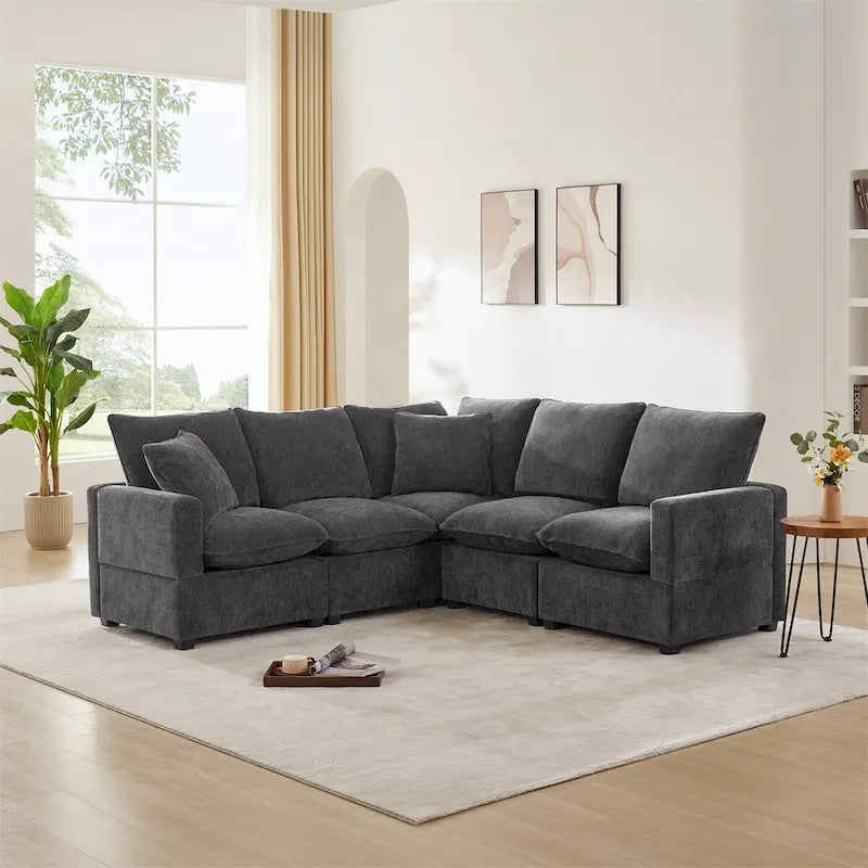 Canapé Modulable Moderne Forme L, Ensemble Canapé Sectionnel en Chenille avec 2 Coussins