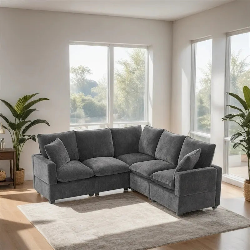 Canapé Modulable Moderne Forme L, Ensemble Canapé Sectionnel en Chenille avec 2 Coussins