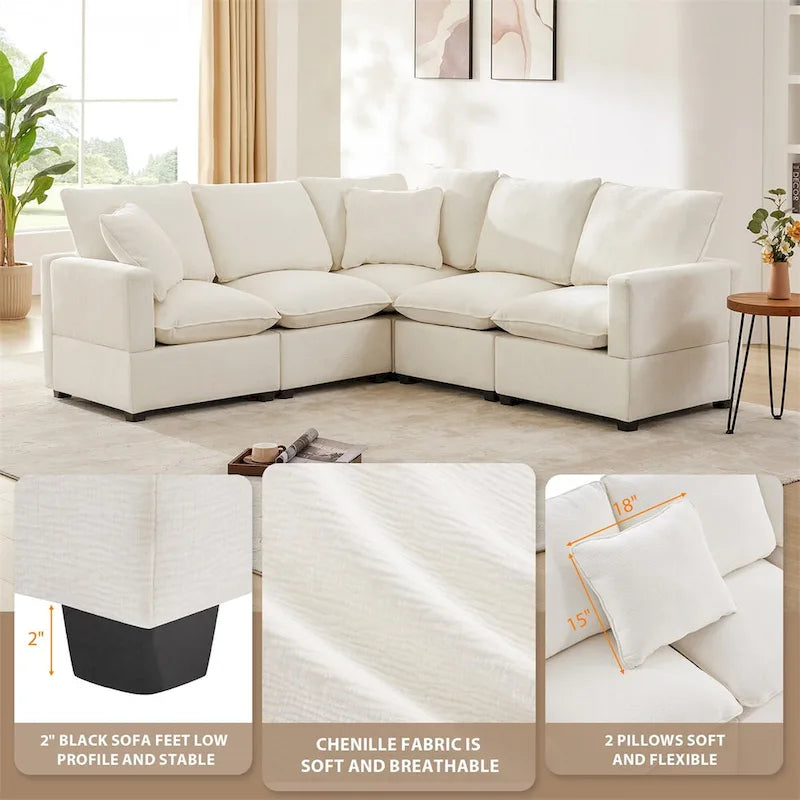 Canapé Modulable Moderne Forme L, Ensemble Canapé Sectionnel en Chenille avec 2 Coussins