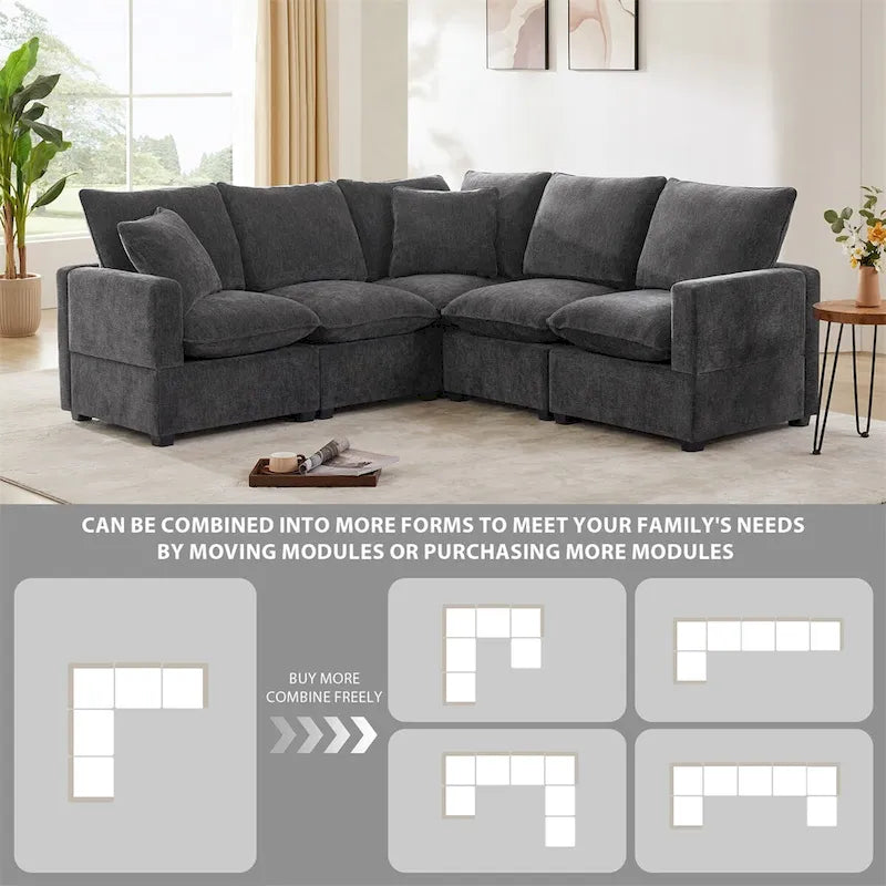 Canapé Modulable Moderne Forme L, Ensemble Canapé Sectionnel en Chenille avec 2 Coussins