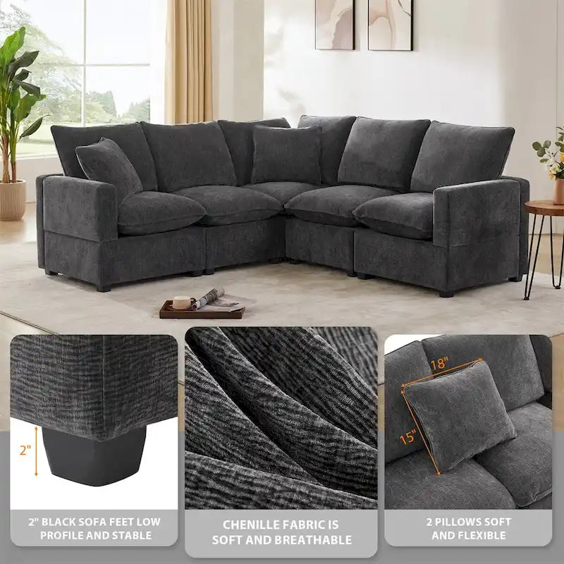 Canapé Modulable Moderne Forme L, Ensemble Canapé Sectionnel en Chenille avec 2 Coussins