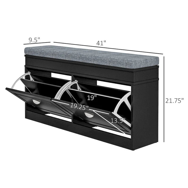 Banc porte-chaussures avec coussin, 2 tiroirs et étagère réglable