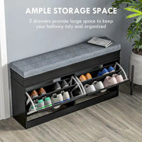 Banc porte-chaussures avec coussin, 2 tiroirs et étagère réglable