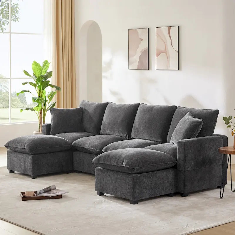 Canapé Modulable Moderne 6 Places en Forme de U à Libre Combinaison, Ensemble Canapé Sectionnel avec 2 Coussins