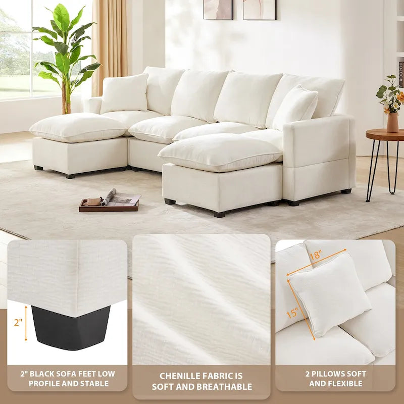 Canapé Modulable Moderne 6 Places en Forme de U à Libre Combinaison, Ensemble Canapé Sectionnel avec 2 Coussins