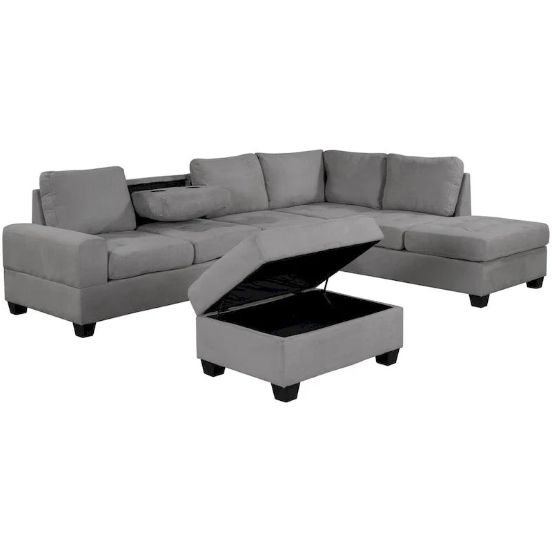 Canapé d'angle moderne en L de 112 pouces avec méridienne réversible, pouf de rangement et deux porte-gobelets - 112L x 80P x 33,7H