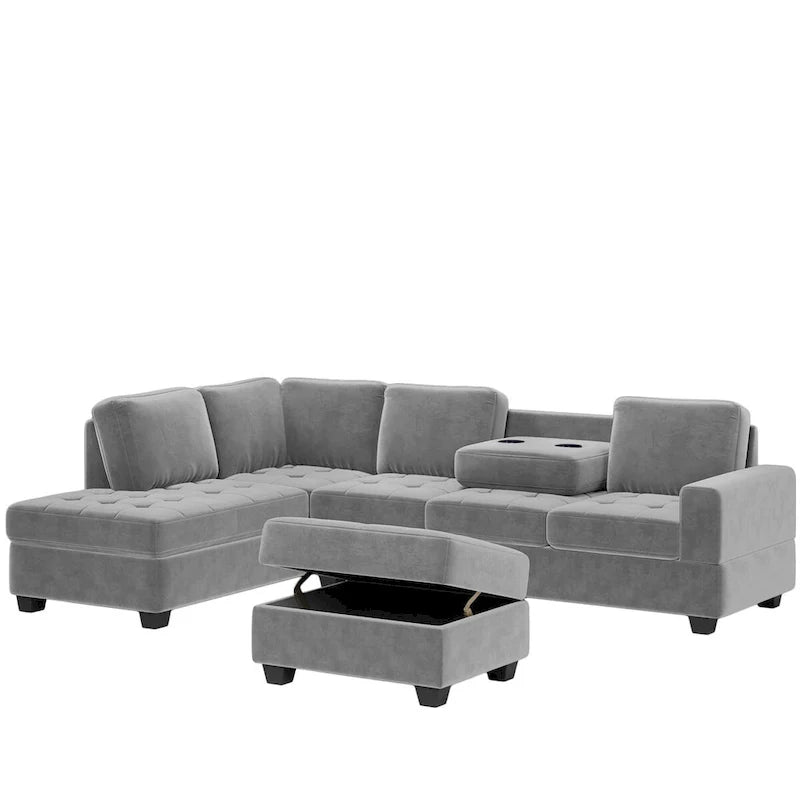 Canapé d'angle moderne en L de 112 pouces avec méridienne réversible, pouf de rangement et deux porte-gobelets - 112L x 80P x 33,7H