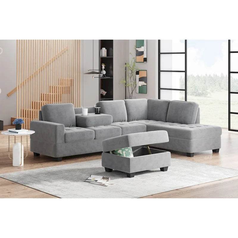 Canapé d'angle moderne en L de 112 pouces avec méridienne réversible, pouf de rangement et deux porte-gobelets - 112L x 80P x 33,7H