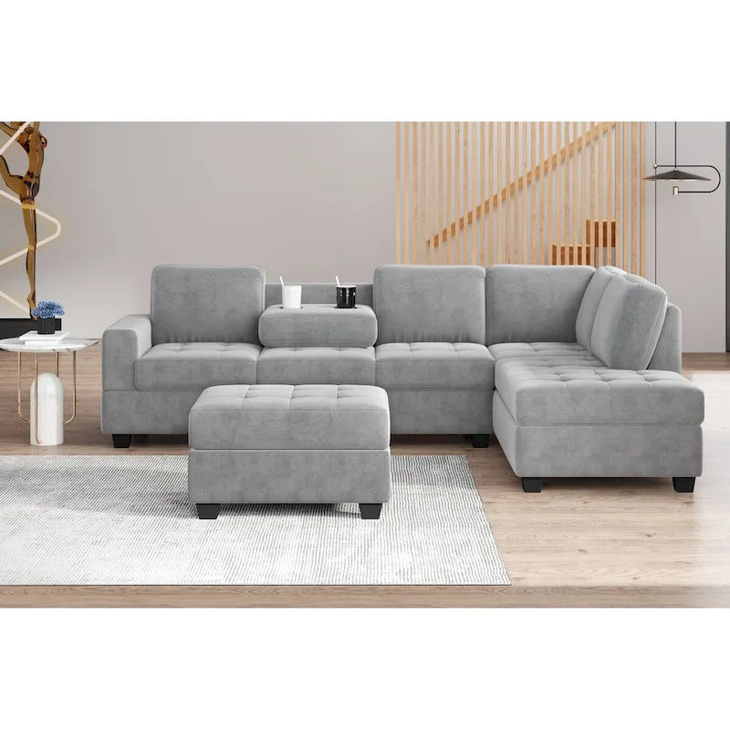 Canapé d'angle moderne en L de 112 pouces avec méridienne réversible, pouf de rangement et deux porte-gobelets - 112L x 80P x 33,7H