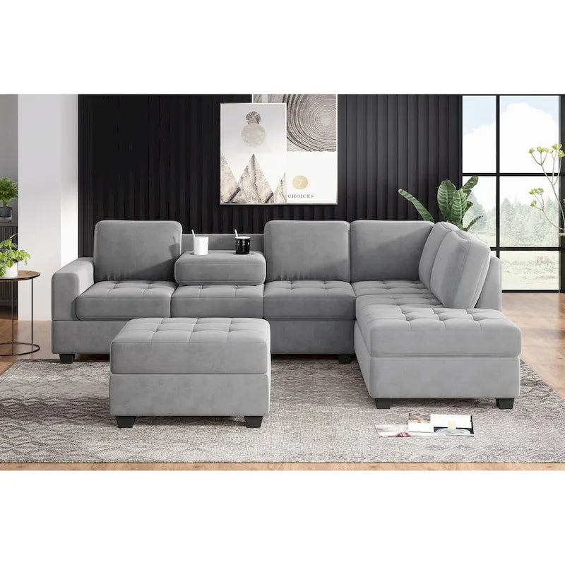 Canapé d'angle moderne en L de 112 pouces avec méridienne réversible, pouf de rangement et deux porte-gobelets - 112L x 80P x 33,7H