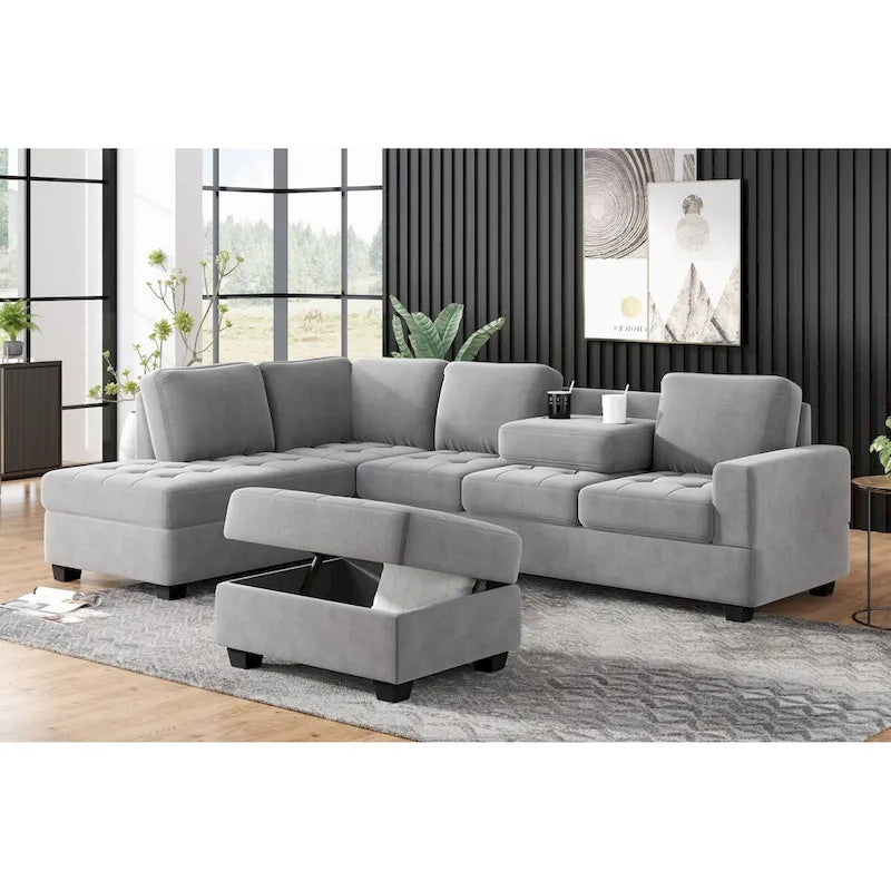 Canapé d'angle moderne en L de 112 pouces avec méridienne réversible, pouf de rangement et deux porte-gobelets - 112L x 80P x 33,7H