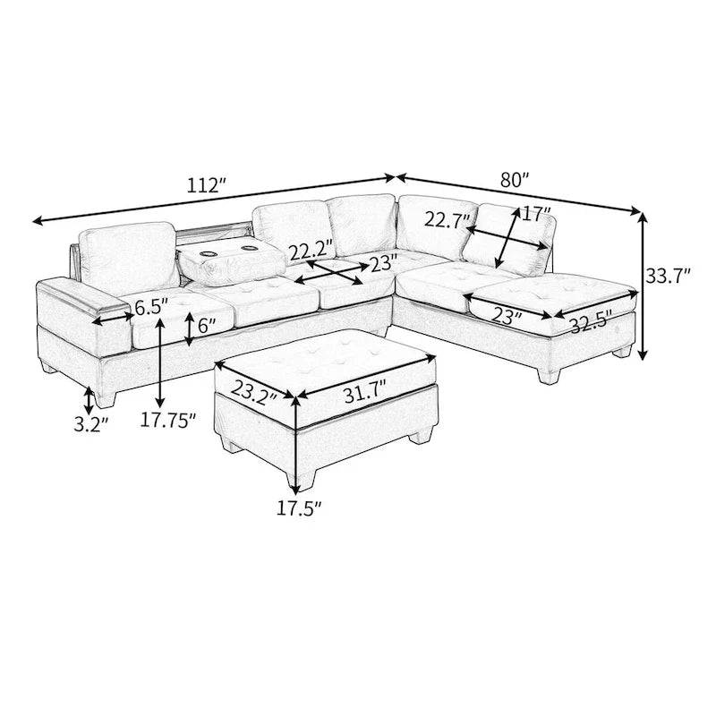 Canapé d'angle moderne en L de 112 pouces avec méridienne réversible, pouf de rangement et deux porte-gobelets - 112L x 80P x 33,7H