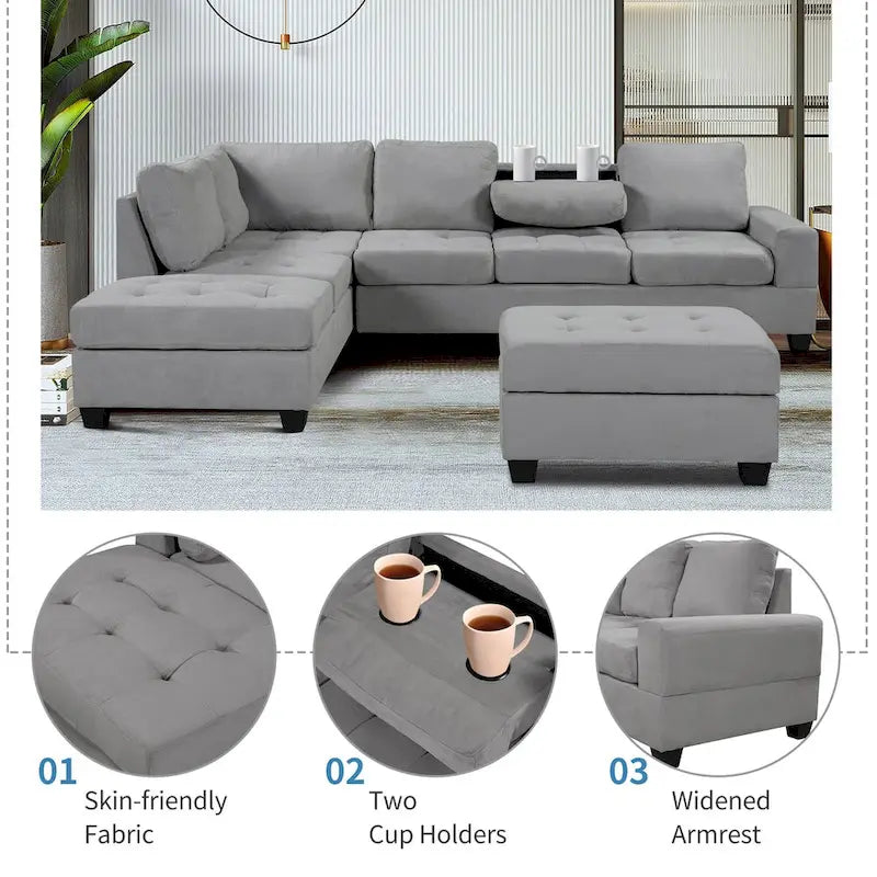 Canapé d'angle moderne en L de 112 pouces avec méridienne réversible, pouf de rangement et deux porte-gobelets - 112L x 80P x 33,7H