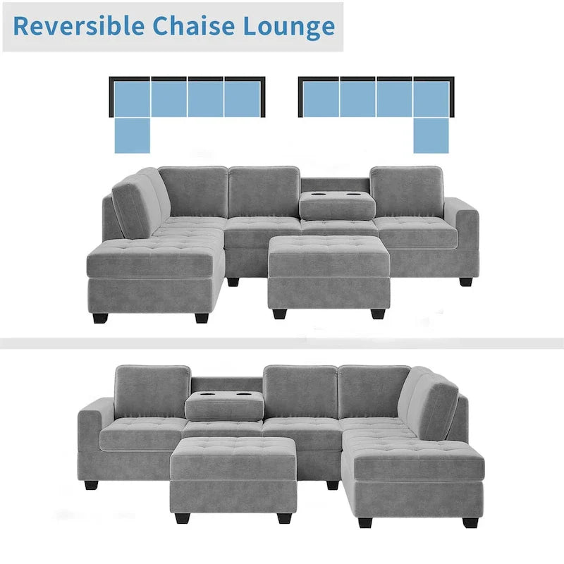 Canapé d'angle moderne en L de 112 pouces avec méridienne réversible, pouf de rangement et deux porte-gobelets - 112L x 80P x 33,7H