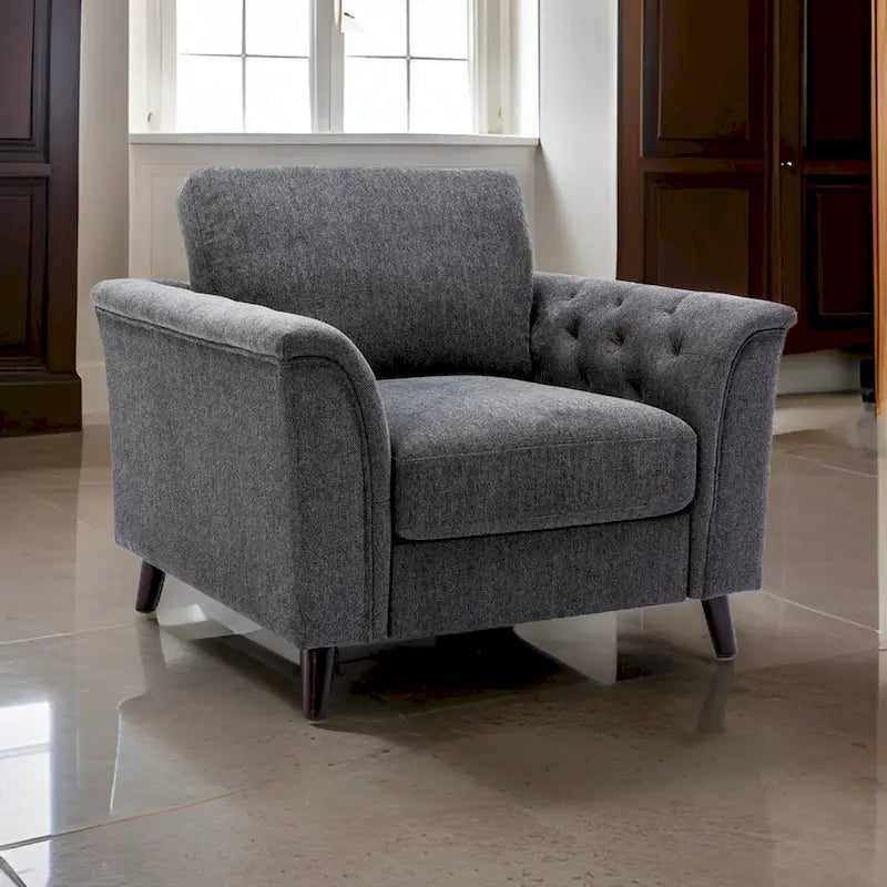 Fauteuil d'appoint Sen 37 pouces, accoudoirs capitonnés, rembourré, lin gris, bois massif