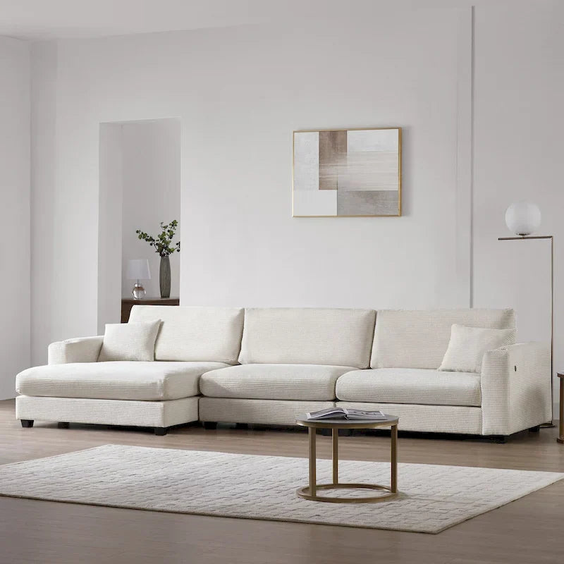 Canapé Sectionnel Surdimensionné en Velours Côtelé, Canapé Nuage Forme L avec Port de Chargement USB, Porte-Gobelet, Canapé-Lit Assise Profonde avec Méridienne 50 pouces