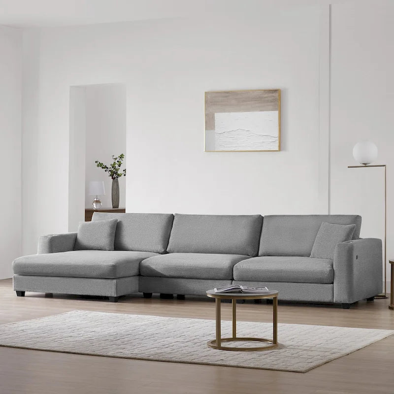 Canapé Sectionnel Surdimensionné en Velours Côtelé, Canapé Nuage Forme L avec Port de Chargement USB, Porte-Gobelet, Canapé-Lit Assise Profonde avec Méridienne 50 pouces