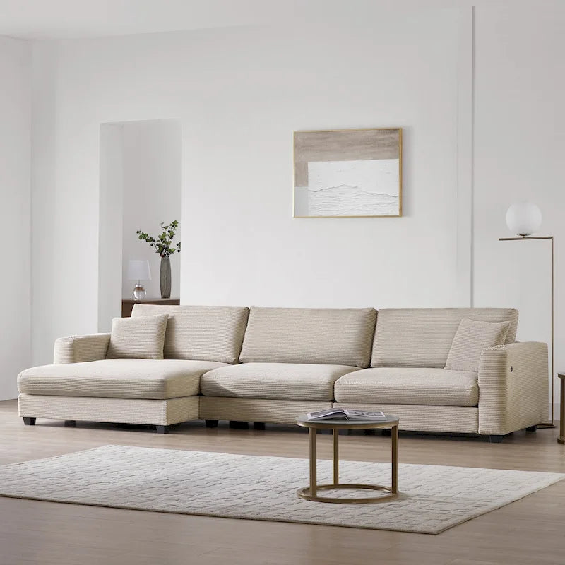Canapé Sectionnel Surdimensionné en Velours Côtelé, Canapé Nuage Forme L avec Port de Chargement USB, Porte-Gobelet, Canapé-Lit Assise Profonde avec Méridienne 50 pouces