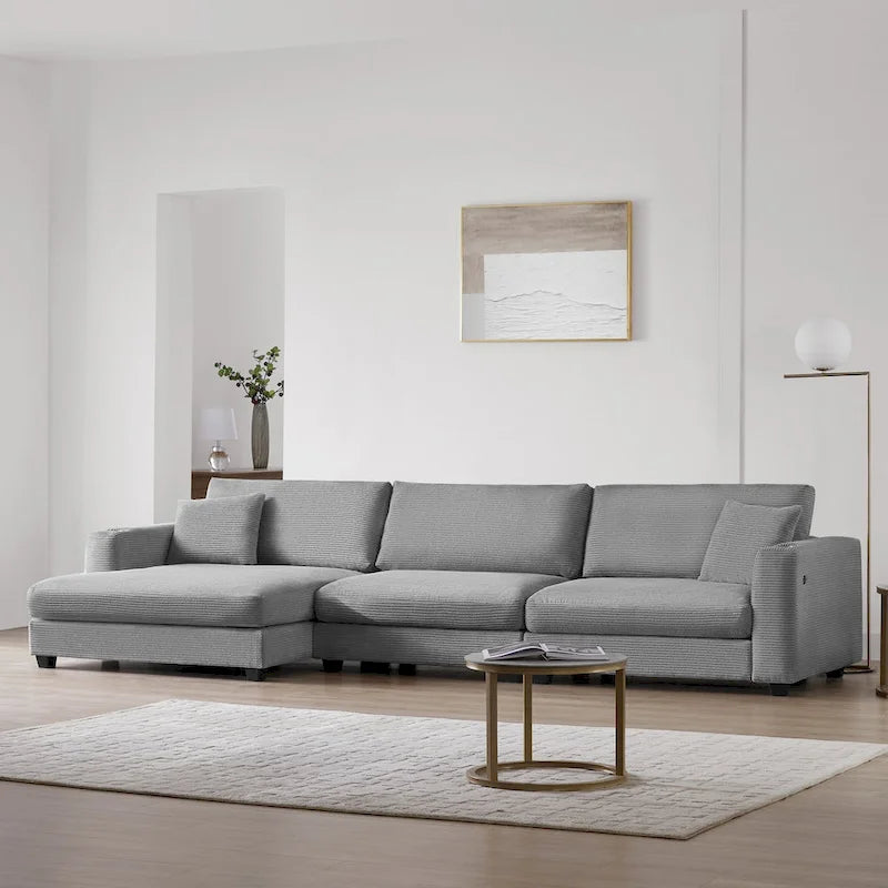 Canapé Sectionnel Surdimensionné en Velours Côtelé, Canapé Nuage Forme L avec Port de Chargement USB, Porte-Gobelet, Canapé-Lit Assise Profonde avec Méridienne 50 pouces