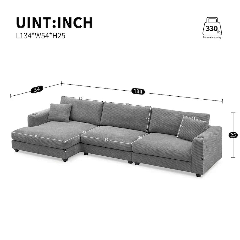 Canapé Sectionnel Surdimensionné en Velours Côtelé, Canapé Nuage Forme L avec Port de Chargement USB, Porte-Gobelet, Canapé-Lit Assise Profonde avec Méridienne 50 pouces