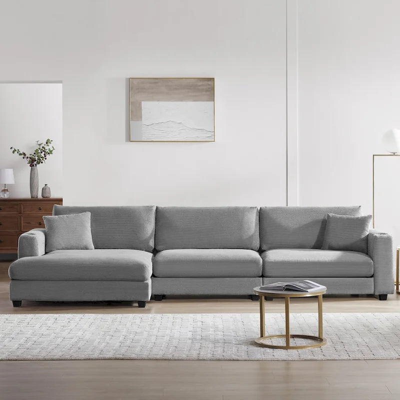 Canapé Sectionnel Surdimensionné en Velours Côtelé, Canapé Nuage Forme L avec Port de Chargement USB, Porte-Gobelet, Canapé-Lit Assise Profonde avec Méridienne 50 pouces