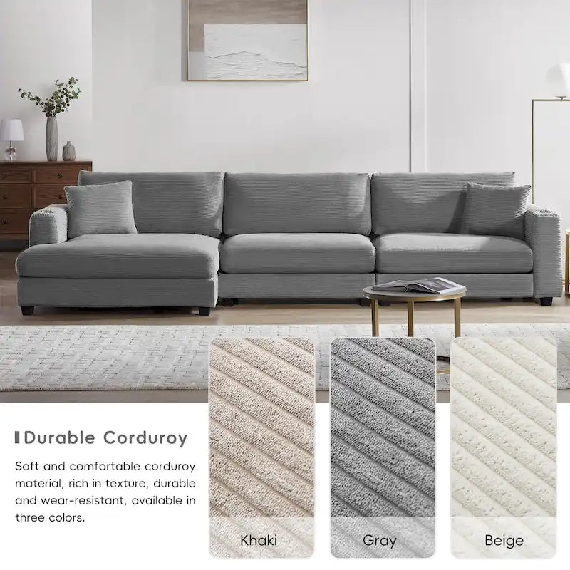 Canapé Sectionnel Surdimensionné en Velours Côtelé, Canapé Nuage Forme L avec Port de Chargement USB, Porte-Gobelet, Canapé-Lit Assise Profonde avec Méridienne 50 pouces