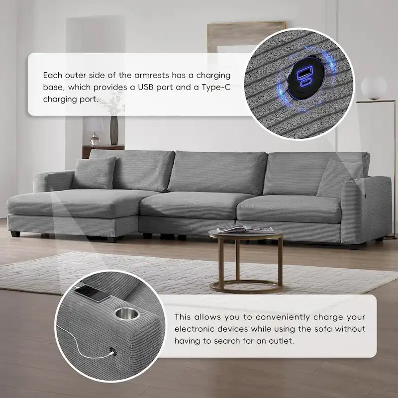 Canapé Sectionnel Surdimensionné en Velours Côtelé, Canapé Nuage Forme L avec Port de Chargement USB, Porte-Gobelet, Canapé-Lit Assise Profonde avec Méridienne 50 pouces