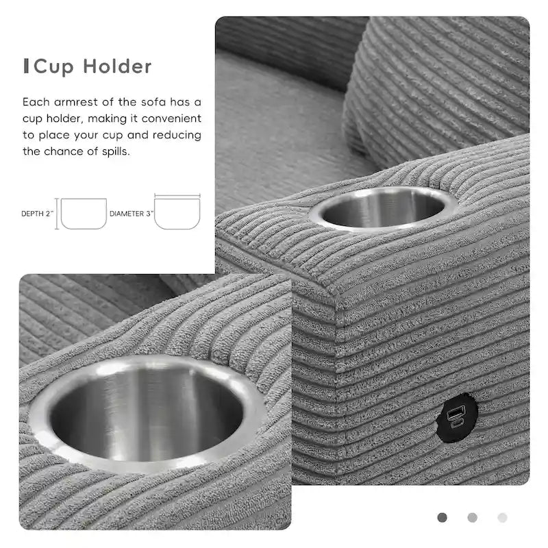 Canapé Sectionnel Surdimensionné en Velours Côtelé, Canapé Nuage Forme L avec Port de Chargement USB, Porte-Gobelet, Canapé-Lit Assise Profonde avec Méridienne 50 pouces