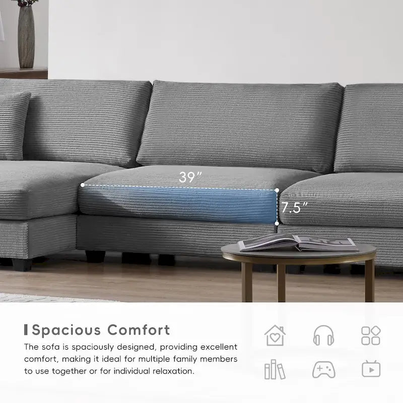 Canapé Sectionnel Surdimensionné en Velours Côtelé, Canapé Nuage Forme L avec Port de Chargement USB, Porte-Gobelet, Canapé-Lit Assise Profonde avec Méridienne 50 pouces