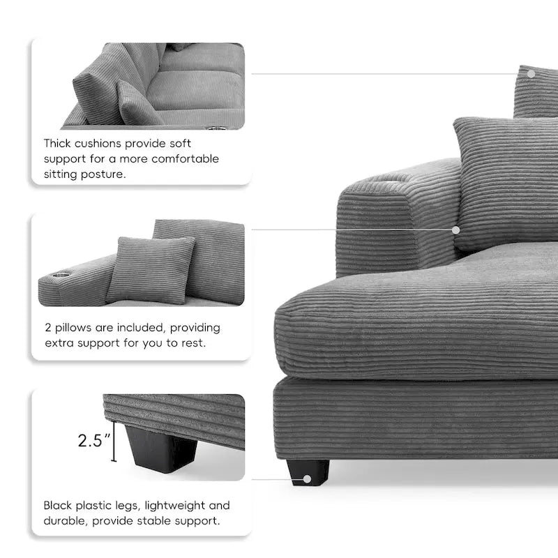 Canapé Sectionnel Surdimensionné en Velours Côtelé, Canapé Nuage Forme L avec Port de Chargement USB, Porte-Gobelet, Canapé-Lit Assise Profonde avec Méridienne 50 pouces