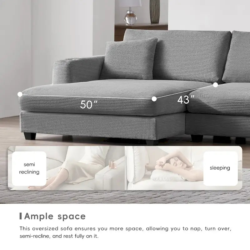 Canapé Sectionnel Surdimensionné en Velours Côtelé, Canapé Nuage Forme L avec Port de Chargement USB, Porte-Gobelet, Canapé-Lit Assise Profonde avec Méridienne 50 pouces