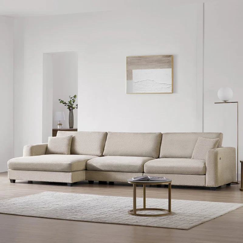 Canapé Sectionnel Surdimensionné en Velours Côtelé, Canapé Nuage Forme L avec Port de Chargement USB, Porte-Gobelet, Canapé-Lit Assise Profonde avec Méridienne 50 pouces