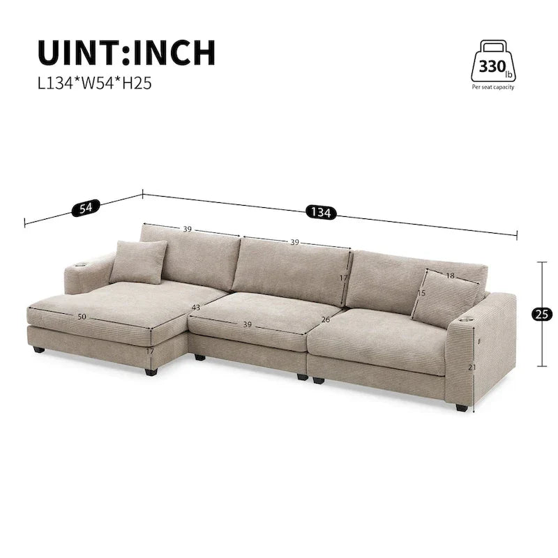 Canapé Sectionnel Surdimensionné en Velours Côtelé, Canapé Nuage Forme L avec Port de Chargement USB, Porte-Gobelet, Canapé-Lit Assise Profonde avec Méridienne 50 pouces